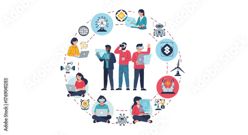 People in VR and other tech concepts are placed around a circle