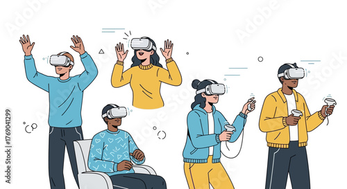 People use virtual reality headsets and controllers