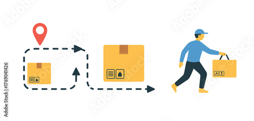 Delivery person carrying package along a dotted route with location pin