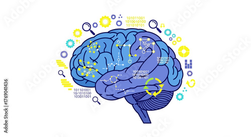 A blue human brain illustration surrounded by symbols of information gears and processes