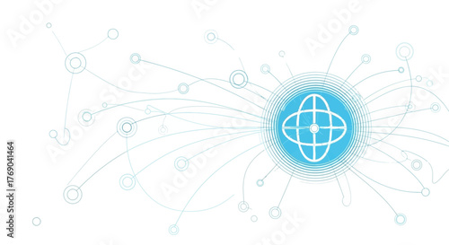 A blue sphere with a white globe design is the focus surrounded by thin lines and circles suggesting a connected network