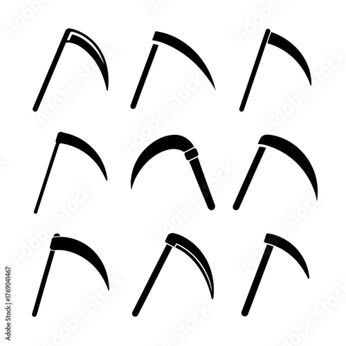 Scythe Icons Set – Black and White Farming Tool Vector Illustration