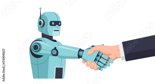 A robot and a person in a suit shake hands against a white background