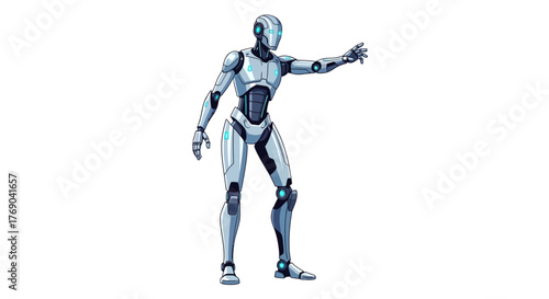 A robot stands reaching with its right hand its body is white with blue accents