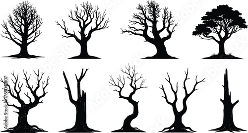 Collection of dead and dry tree silhouettes, vector illustration of leafless forest trees for spooky, nature, and landscape design art