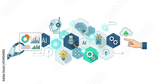AI robotic hand holds graphs while a human hand points to a cloud surrounded by AIrelated icons