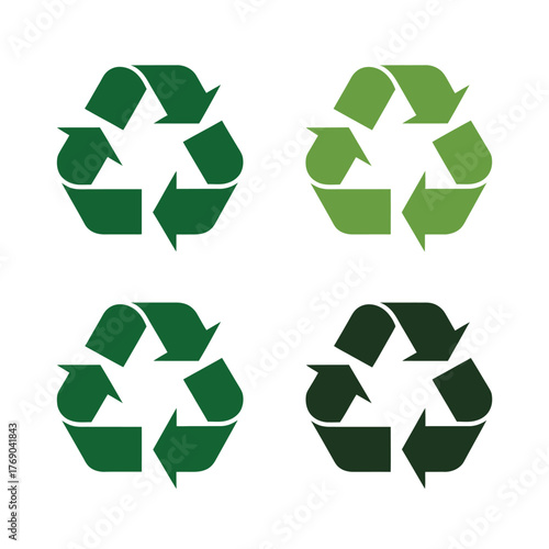 Four green and dark green recycling symbols arranged in a square