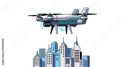 An AI drone hovers over a city skyline rendered in a stylized modern graphic design