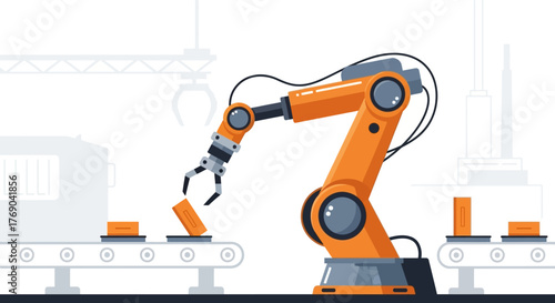 An orange robotic arm on a conveyor belt picks up an orange rectangular block in a manufacturing setting
