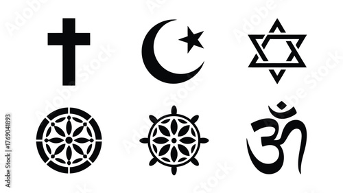 Collection of major world religious symbols in black and white