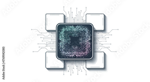 Intricate circuit board design with square nodes and complex wiring digitally rendered