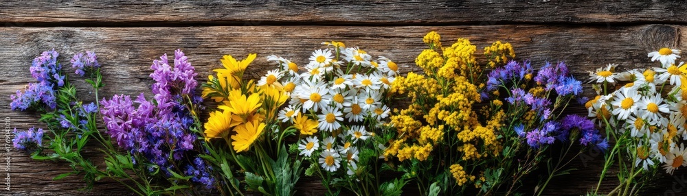 Obraz premium Wildflowers and wooden table background created concept. Vibrant wildflowers displayed on rustic wooden background.