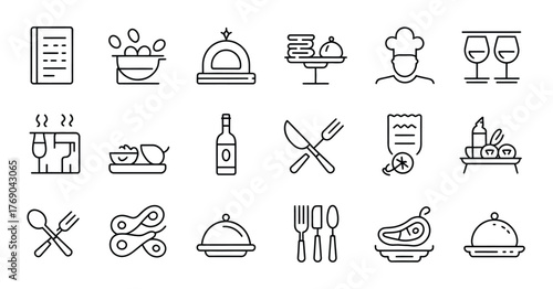 Collection of restaurant and food service line art icons
