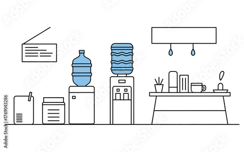Office break room with water cooler and desk illustration