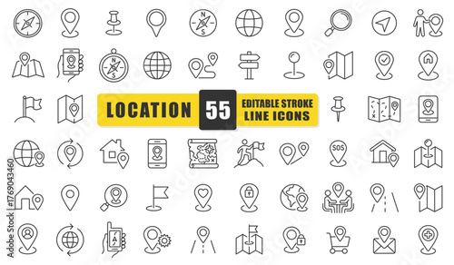 Location And Navigation Line Icon Set. A Collection Of 54 Thin Line Editable Stroke Icons Representing Map Pins, GPS, Compass, Direction, And Travel Symbols. Perfect For Maps, Apps. Isolated Vector
