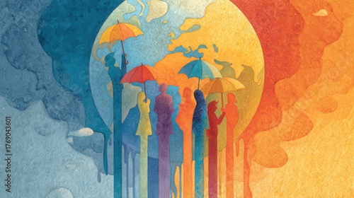 Colorful silhouettes under umbrellas against a vibrant abstract background.