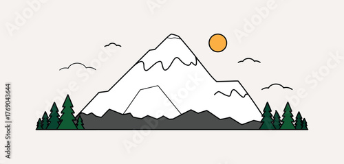 Stylized snowy mountain peak with evergreen trees and sun