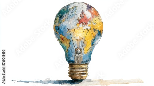 Light bulb with a world map design, symbolizing ideas and innovation.