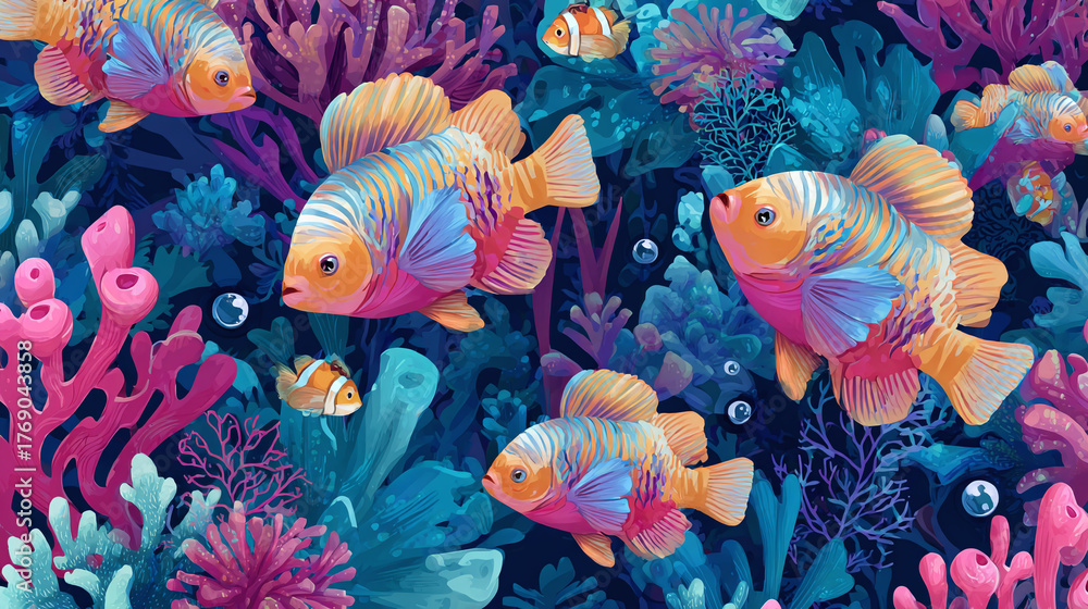 Naklejka premium A vibrant depiction of colorful fish swimming amidst a coral reef, with various sea creatures and plant life