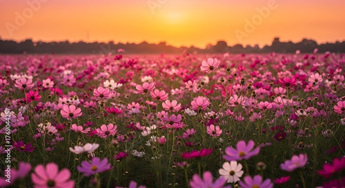 Field of pink flowers at sunset