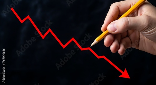 Hand drawing a red arrow graph going down on a black background, symbolizing financial loss or decline