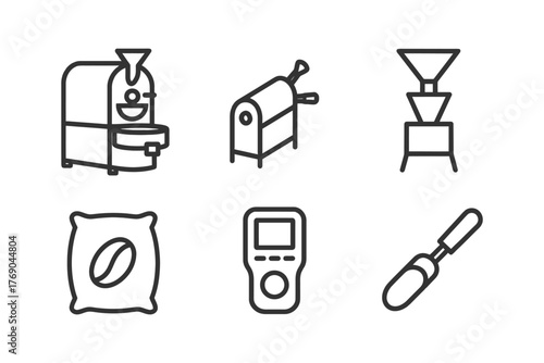 Line icons of coffee equipment: roaster, grinder, beans, scale, tamper.