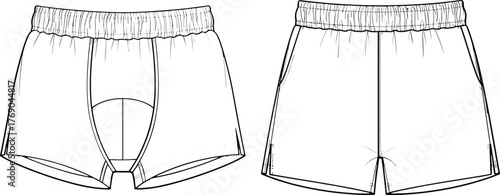 Men’s underwear and shorts technical sketch, front view fashion flat, elastic waistband design, garment vector template, apparel illustration for stock content