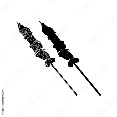 Black silhouette vector of Korean-style chicken skewers, minimal street food icon ideal for restaurant logos, branding, or culinary graphics.
