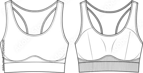 Sports bra technical sketch, front view fashion flat, scoop neckline activewear design, garment vector template, apparel illustration for stock content