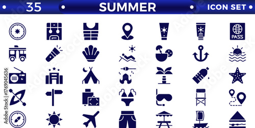 Summer vacations solid icon set. Vector solid illustrations with objects, activities, and places related to traveling, tourism, outdoors in the beach and mountains, camping, resorts, and hotels.