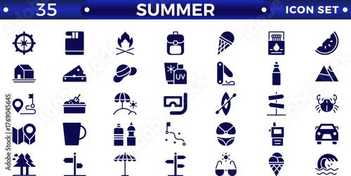 Summer vacations solid icon set. Vector solid illustrations with objects, activities, and places related to traveling, tourism, outdoors in the beach and mountains, camping, resorts, and hotels.