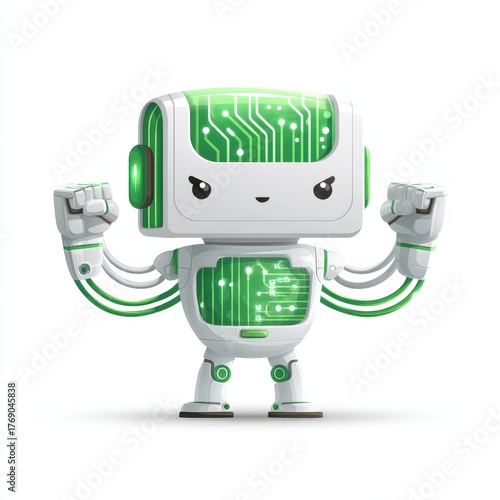 Cartoon robot character with a green circuit design, flexing muscles against a plain background