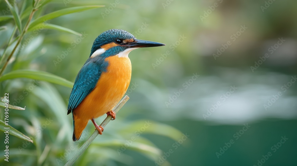 Fototapeta premium Vibrant Kingfisher Resting on Cattail Stem Near a Tranquil Pond Surrounded by Lush Greenery in Natural Habitat