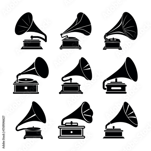 Gramophone Icons Set – Black and White Vintage Record Player Vector Illustration