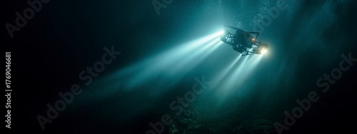 advanced underwater drone with strong headlights navigates deep sea, highlighting modern technology, research and the future of marine exploration. banner 