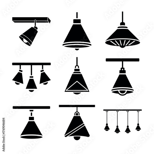 Ceiling Lamp Icons Set – Black and White Hanging Light Fixture Vector Illustration