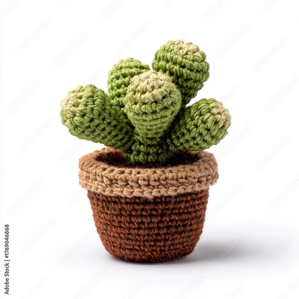 Fototapeta premium Crocheted Green Cactus in Brown Pot on White Background