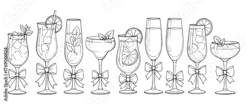 Hand drawn sketch of cocktail glasses with bows vector illustration of bar and party drinks