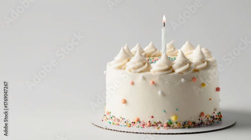 A beautifully decorated birthday cake with a single candle, set against a plain background