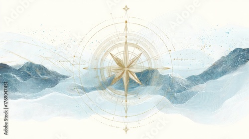 Elegant compass design over serene blue and gold mountain landscape with soft textures