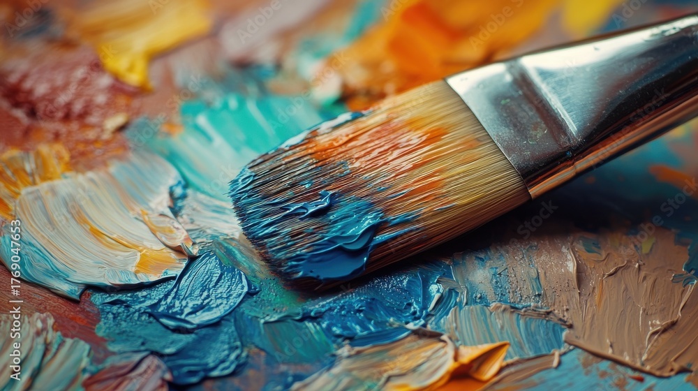 Fototapeta premium Colorful palette with paintbrush displaying vibrant hues of blue and orange in a creative art studio setting