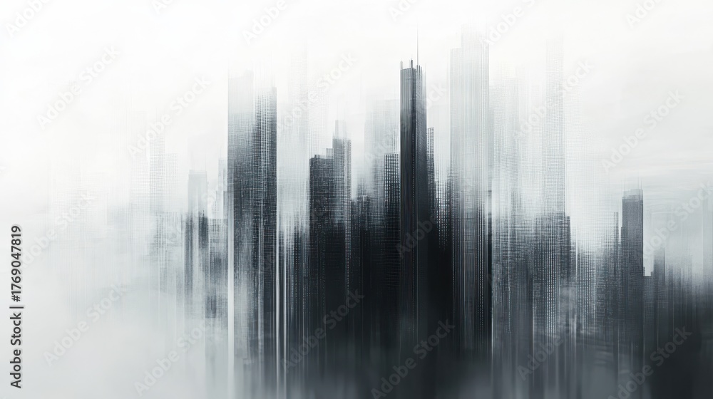 Fototapeta premium Futuristic city skyline shrouded in mist during early morning light revealing tall buildings and urban structure