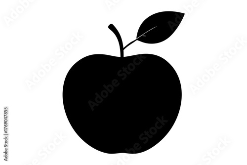 A simple black silhouette of a ripe apple with a stem and a single leaf against a clean white background representing healthy food and nature silhouette