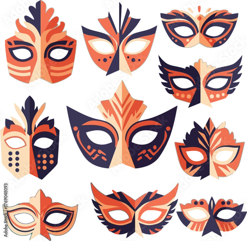 Flat-design abstract tribal and festival mask icons in two-tone vector style featuring cultural, decorative, and artistic symbolic face designs