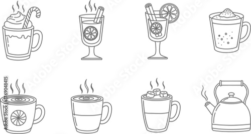 Collection of Christmas drinks, including hot chocolate, mulled wine, and festive beverages in outline style