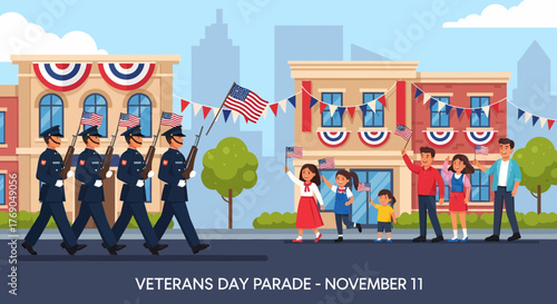 Veterans Day Parade Celebration on November 11th with Soldiers Marching and Civilians Waving Flags