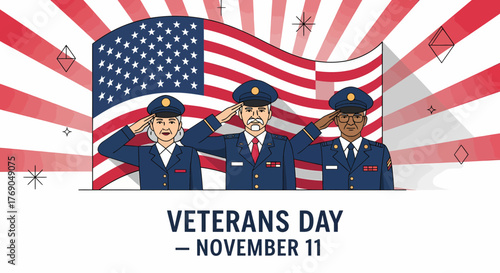 Diverse group of American soldiers in uniform saluting the USA flag in a patriotic illustration for Veterans Day