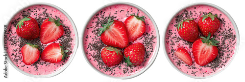 Three pink bowls with strawberries and seeds, overhead