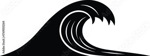 Black silhouette of a breaking ocean wave with white inner lines water breaking wave