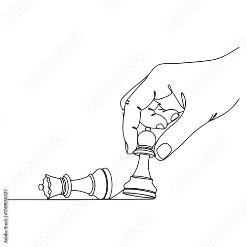 Strategic Play Hand Makes a Winning Move with Chess Pieces, Illustrating Tactics and Victory in a Minimalist Line Art Style